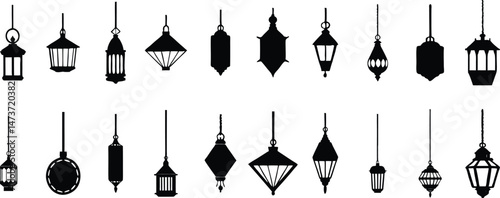 Set of vintage Arabic hanging lanterns vector elements on transparent background