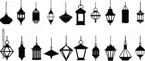 Set of vintage Arabic hanging lanterns vector elements on transparent background