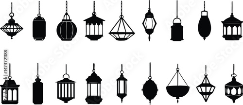Set of vintage Arabic hanging lanterns vector elements on transparent background