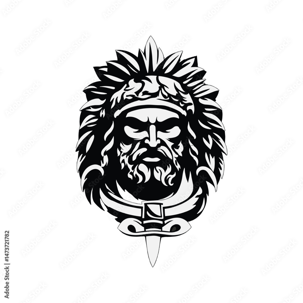 Fototapeta premium Stylized fierce warrior head with a wild mane, headband, and a sharp dagger below the face