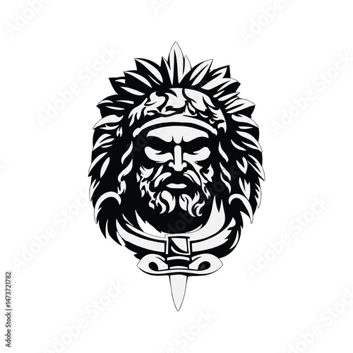 Stylized fierce warrior head with a wild mane, headband, and a sharp dagger below the face