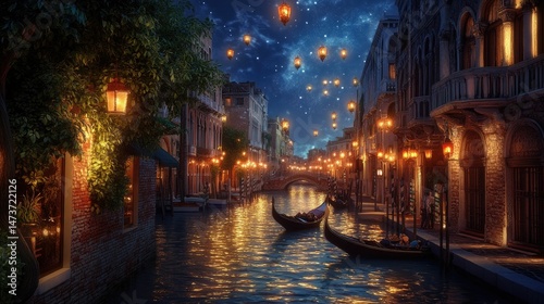 Night canal scene, illuminated buildings, gondolas.