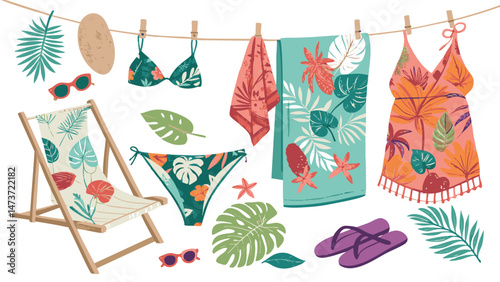 Vibrant Flat Illustrations of Tropical Bikinis with Sunglasses, Flip-Flops, and Accessories for Summer Designs