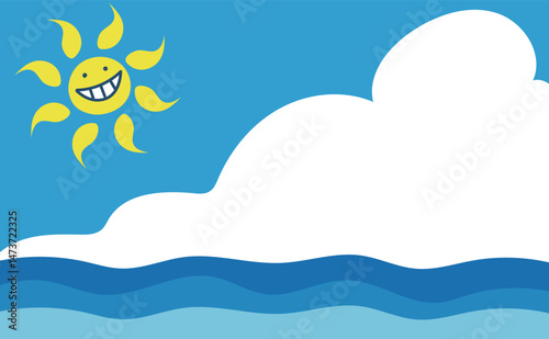 入道雲とかわいい太陽の夏の海イラスト背景