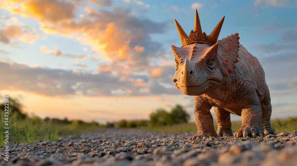 Fototapeta premium small, realistic dinosaur with prominent horns stands on a rocky path under a colorful, cloudy sky at sunset.