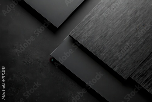 Dark, geometric shapes layered on a textured surface.  Dark grey, matte,  squares overlap.  Slight variation in tone creates depth