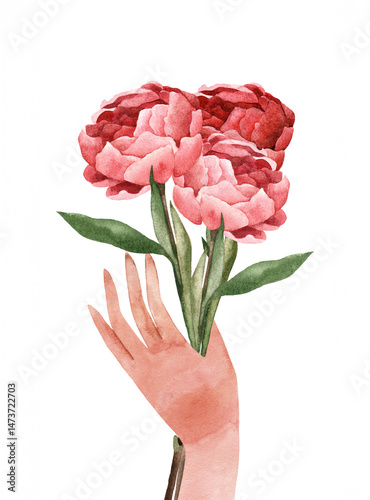 Watercolor Hand Holding Pink Peonies – Botanical Floral Illustration. Isolated on a white background