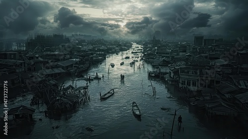 Traditional wooden houses on stilts along a canal in a Southeast Asian village, reflecting in the water, showcasing a unique cultural landscape.