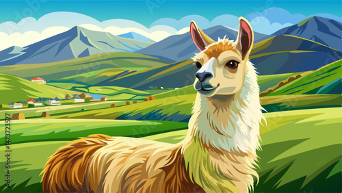portrait Closeup detail portrait of a single unshorn domesticated lama standing on green grass meadow farmland at Florence HIll Catlins Otago New Zealand. Very beautiful