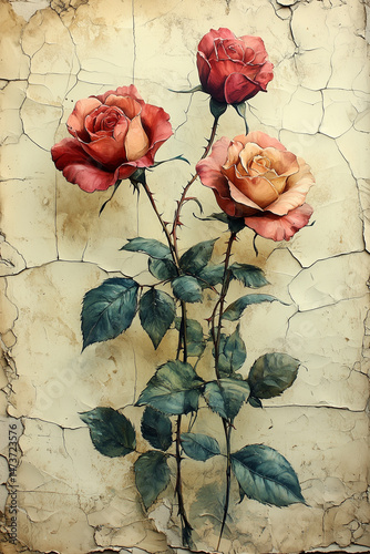 Three Roses Against Cracked Wall