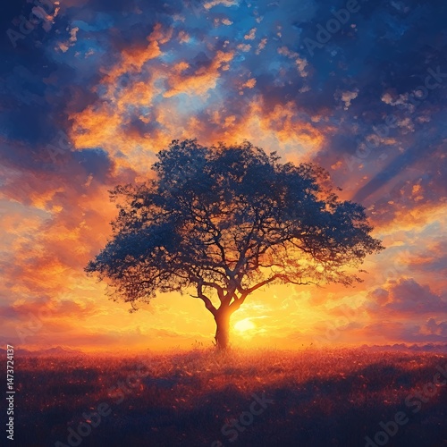 A majestic tree silhouetted against a vibrant sunset sky.