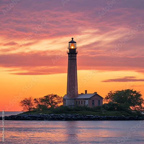 Majestic lighthouse standing firm at dusk, illuminating the tranquil waters and sky.