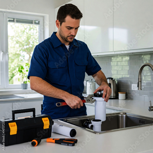 A skilled male plumber, dressed in uniform and equipped with a toolbox, is seated by the sink, either replacing the water filter or repairing a broken pipe in a modern kitchen. 