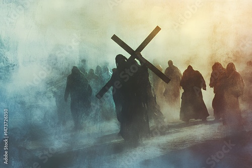 Mysterious figures shrouded in mist, carrying a cross through a foggy landscape.