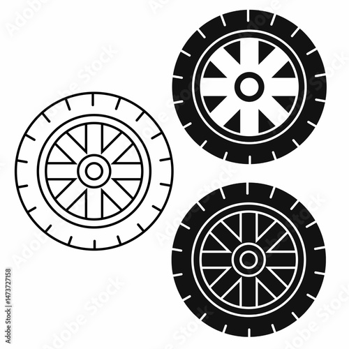 Vector car tire icon set with filled and outline styles. Ideal for automotive design, garage logos, mechanic infographics, spare part illustrations, or UI elements.