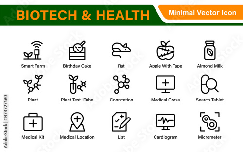 Biotech and Health Tech Icon Pack – Clean, Minimalist Line Vector Illustrations for Healthcare, Science, Lab Research, Pharma.