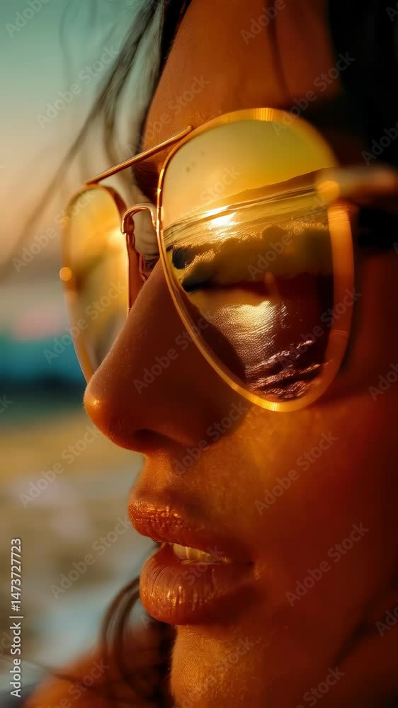 Close-up of a person wearing sunglasses with a beach and sea waves reflected in the lenses. Concept of summer vacation and visual perception. Vertical video Close-up of a person wearing sunglasses with a beach and sea waves reflected in the lenses. Concept of summer vacation and visual perception. Vertical video