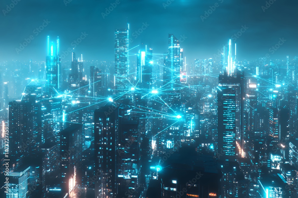Fototapeta premium Futuristic city skyline illuminated in blue tones, showcasing a digital network.