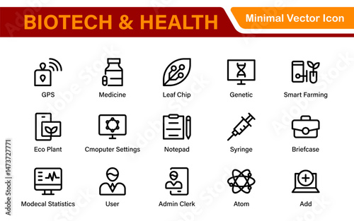 Biotech and Health Tech Icon Pack – Clean, Minimalist Line Vector Illustrations for Healthcare, Science, Lab Research, Pharma.