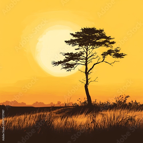 Silhouette of a solitary tree against a vibrant yellow sunset.