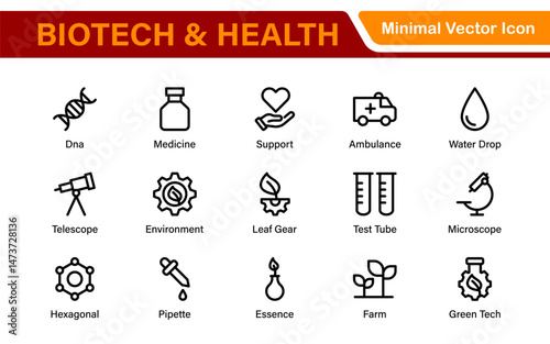 Biotech and Health Tech Icon Pack – Clean, Minimalist Line Vector Illustrations for Healthcare, Science, Lab Research, Pharma.