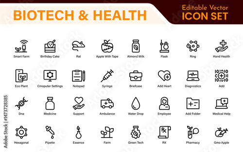 Biotech and Health Tech Icon Pack – Clean, Minimalist Line Vector Illustrations for Healthcare, Science, Lab Research, Pharma.