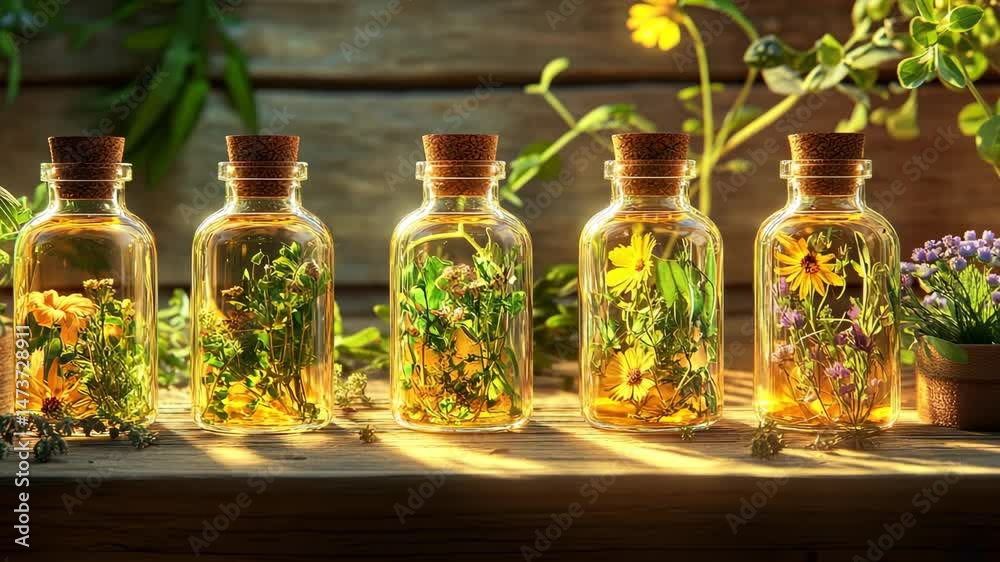 A glowing shot of botanical oil infusions in glass bottles styled with herbs. background A glowing shot of botanical oil infusions in glass bottles styled with herbs. background
