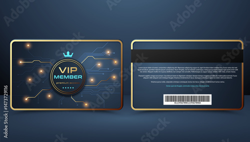Elegant VIP card design with modern tech digital circuit style and metallic gold accents. Perfect for exclusive club membership, premium access or technology related branding