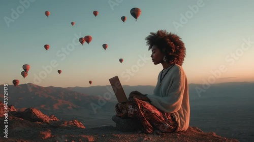 Young freelancer woman is working on a laptop sitting on a mountain peak in cappadocia at sunset with hot air balloons flying in the background
