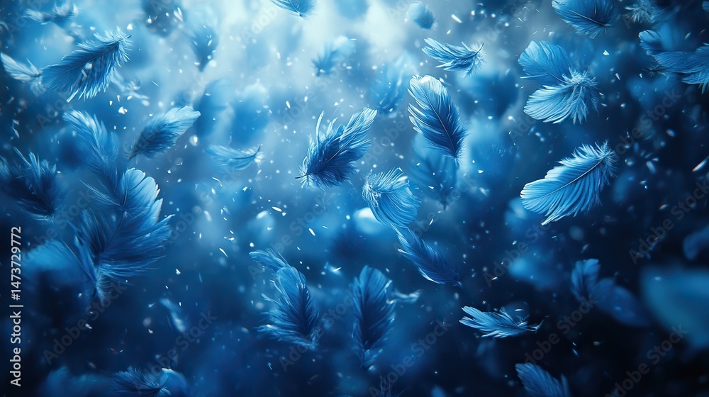 Obraz premium Azure feathers float gently to the ground, shed from the wings of an unseen bird in flight, a fleeting trace of a creature soaring through the sky