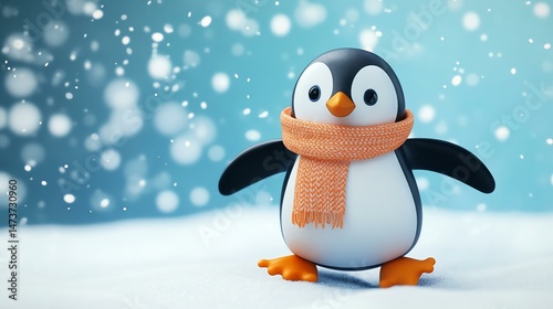 A penguin is wearing a scarf around its neck. It’s a charming image of a bird accessorized for the cold.
