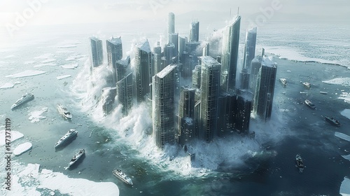 Dramatic seascape: Luxury yachts navigate turbulent waters amidst a simulated coastal flood, showcasing resilience and the power of nature.