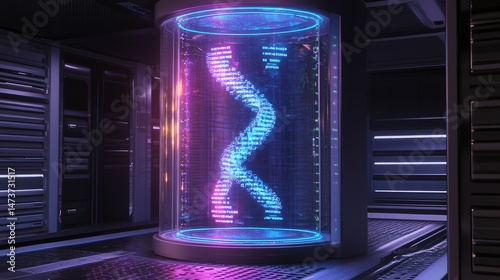 Futuristic Holographic DNA Sequence Visualization - Abstract Science and Technology Background with Neon Blue and Purple Glow.