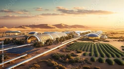 Futuristic Sustainable Agriculture Complex with Geodesic Domes and Pipeline Infrastructure in Arid Desert Landscape.