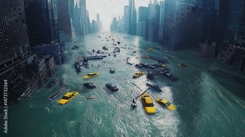 Flooded Cityscape: Abandoned Cars Submerged in Rising Waters - Dramatic Disaster Scene