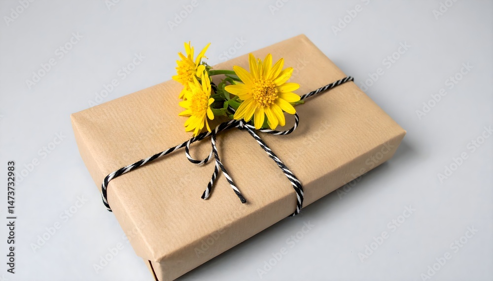 Obraz premium Gift box wrapped with natural brown paper and black-white string, decorated with yellow flowers