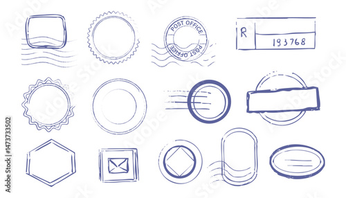 Post stamp air mail postage rubber vintage frame, seal. Line retro textured blank postmark border template. Grunge circle airmail print, design element.
