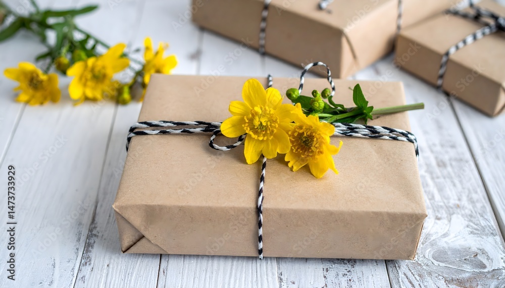 Naklejka premium Gift box wrapped with natural brown paper and black-white string, decorated with yellow flowers