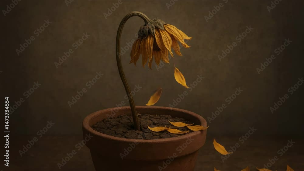 Wilted sunflower with dry cracked soil in pot and falling petals symbolizes depression and deep emotional struggle with fragile state