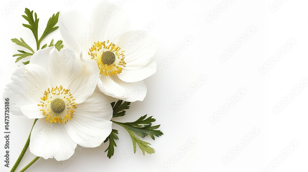 Obraz premium Delicate White Flowers with Green Leaves on Light Background