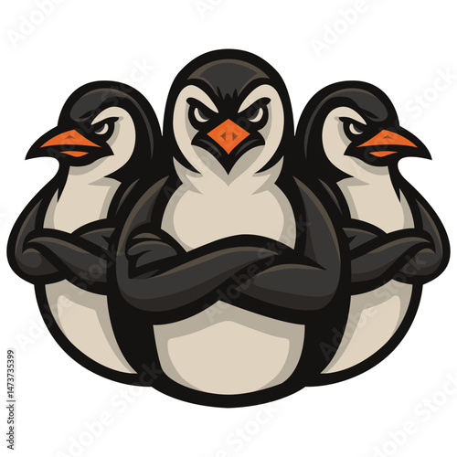 Three angry penguins vector logo illustration
