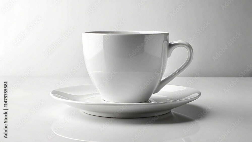 Elegant white coffee cup on saucer with reflection for breakfast or morning beverage Elegant white coffee cup on saucer with reflection for breakfast or morning beverage
