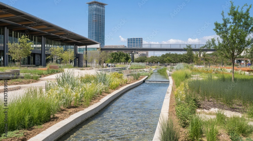 Urban waterway park with modern architecture Urban waterway park with modern architecture