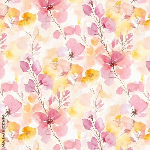 Delicate floral pattern with soft, pastel-toned flowers and leaves.  Watercolor style blooms in pink, peach, and yellow against a light background