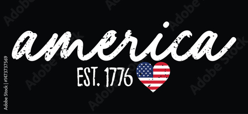 America EST 1776 Heart Design – Handwritten Vintage USA Typography with Grunge Style and Flag Colors for Independence Day