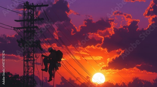 Lineman working on power lines at dusk, aerial maintenance, electrical infrastructure, utility worker, high-voltage repair.