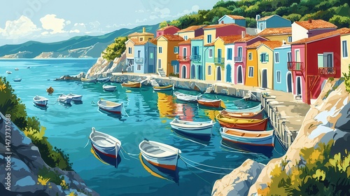 Vibrant Mediterranean Coastal Village with Fishing Boats and Azure Water, Sunny Day, Detailed Illustration.