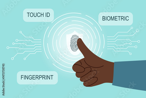 Fingerprint scanning system. Biometric identification technology concept. Human hand scanning thumbprint. Personal touch id identity. Unique touch id. Vector hand drawn background.