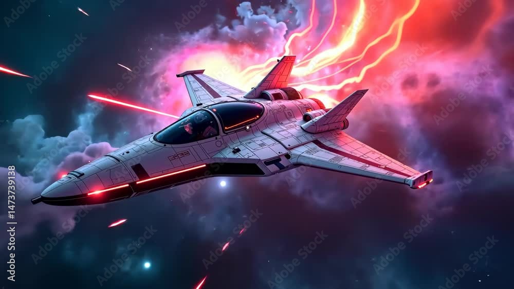 White spacecraft soars through nebula, dodging laser beams and navigating cosmic clouds.
