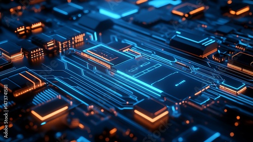 The photo shows a computer circuit board illuminated with vibrant blue and orange lights. The circuit glows with a colorful, technological display.